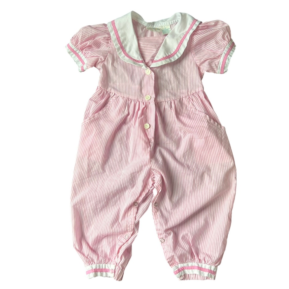 Vintage Fancy Pants! Pink Striped Sailor Collar Romper Jumpsuit Kids 24 Months
